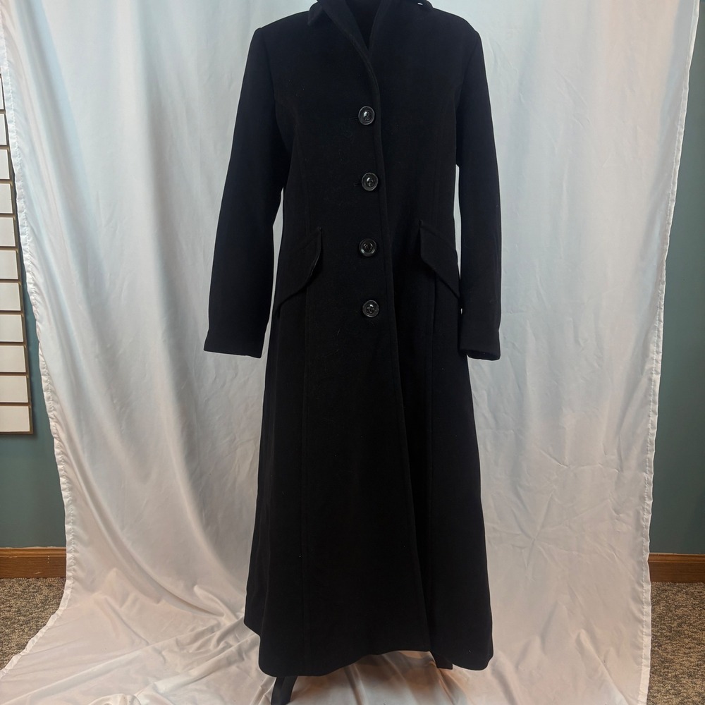 Kristen Blake Studio Black Wool Silk Blend Maxi Trench Coat Womens Size 6 454356